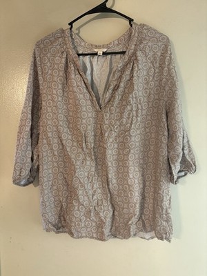 Sonoma Life + Style Womens L Beige/White Geometric V-Neck 3/4 Sleeve Blouse