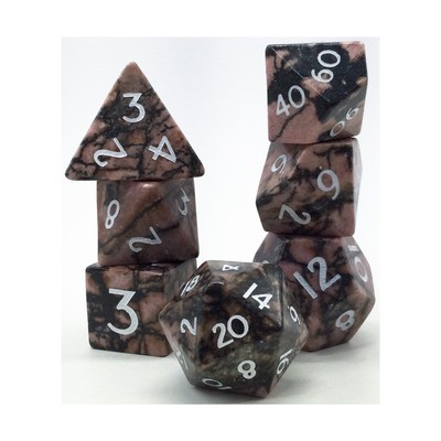 Level Up Dice Semi Precious Stone Dice Poly Set - Rhodonite w/White (7) New
