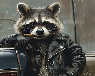 8x10 Matte Print_ Cool Raccoon in Leather Jacket with Cigar | eBay