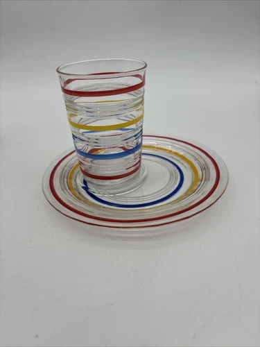 Vintage Anchor Hocking Banded Ring Off-Center 4 Snack Plates W/ 5 Tumblers