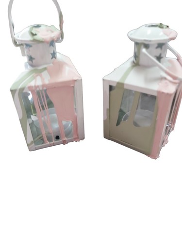 Metal tealite candle holder set of 4 pink green minature lanterns spring party - Picture 4 of 7