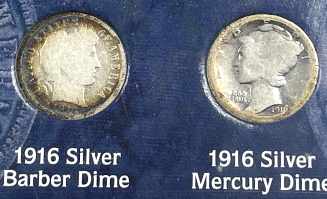 Set of 2 Double Dated Dimes - 1916 Barber & 1916 Mercury Dime In