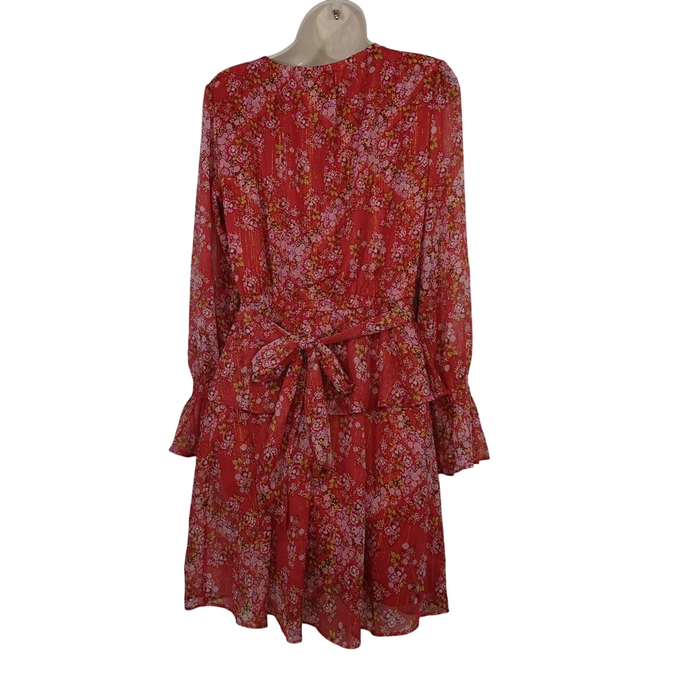 Vestido envolvente sintético manga larga floral coral rojo LC Lauren Conrad para mujer talla M Foto 4 de 4