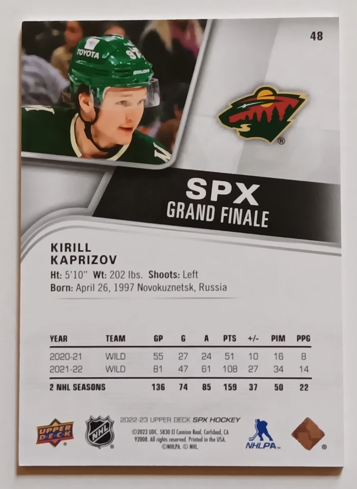 2022-23 Upper Deck SPx Grand Finale Kirill Kaprizov /50 Minnesota Wild - Image 2 of 2
