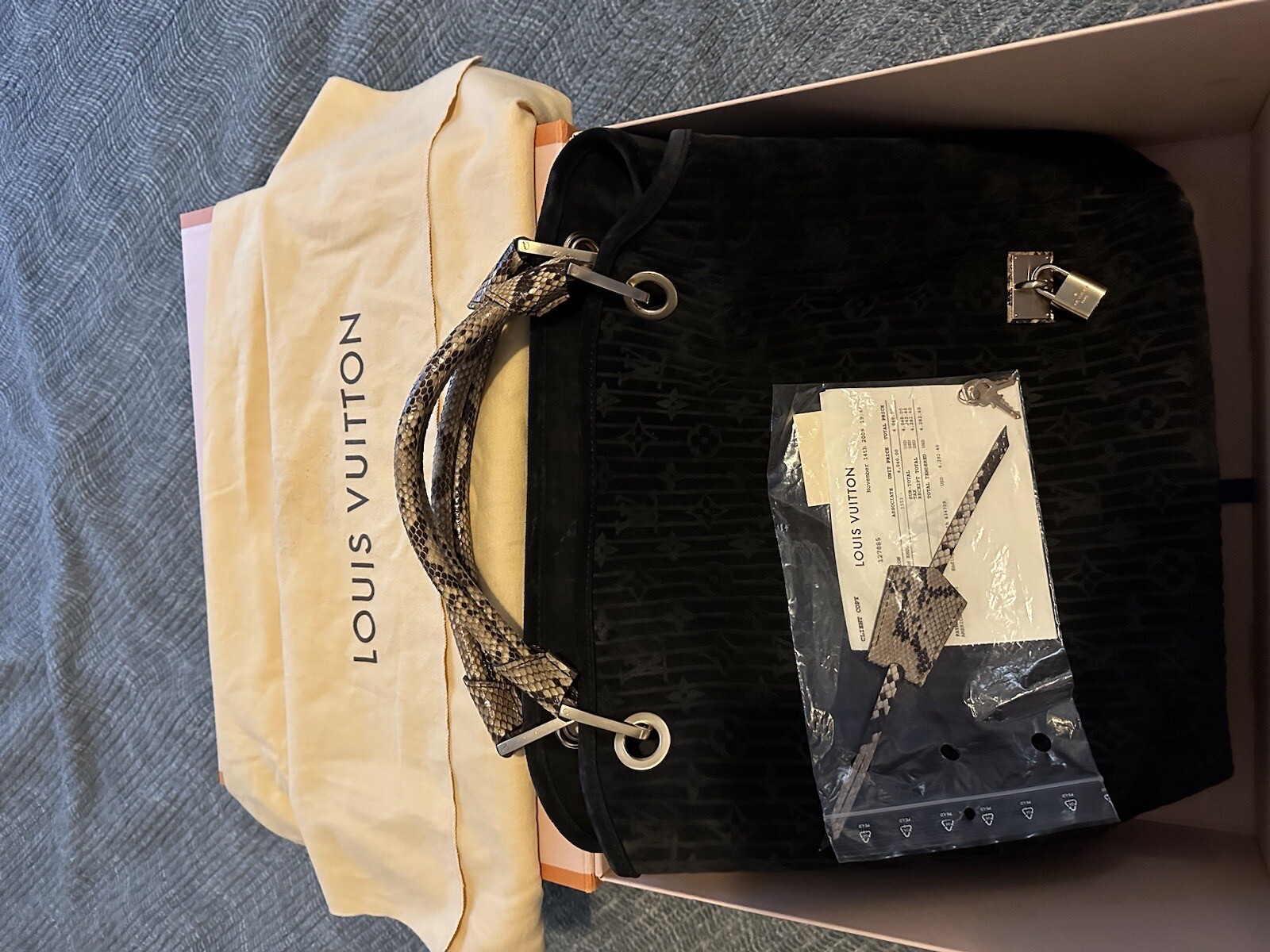 Authentic Louis Vuitton Black Suede Python Handba… - image 1