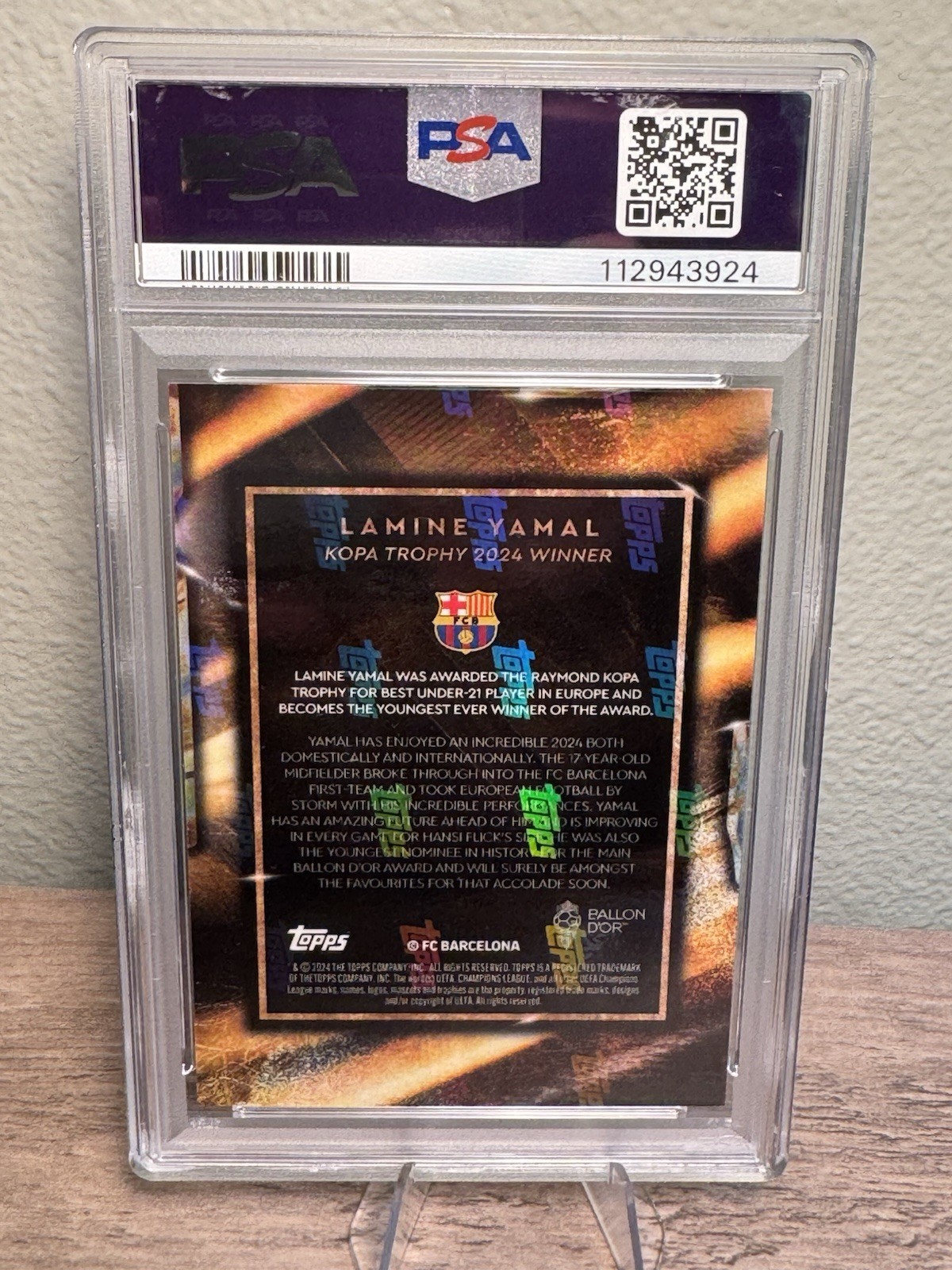 2024 Topps Now Ballon D'Or Lamine Yamal Rookie RC Kopa Trophy #1 PSA 9 MINT view 3