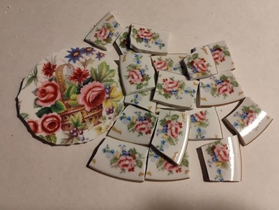 Broken  China Mosaic Tile Arts and Craft Supplies -  Pink Flower Tiles (Lot 1)