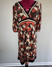 Nine West Women Dress Leaves Print Long Sleeve V Neck Size 10 Multicolor