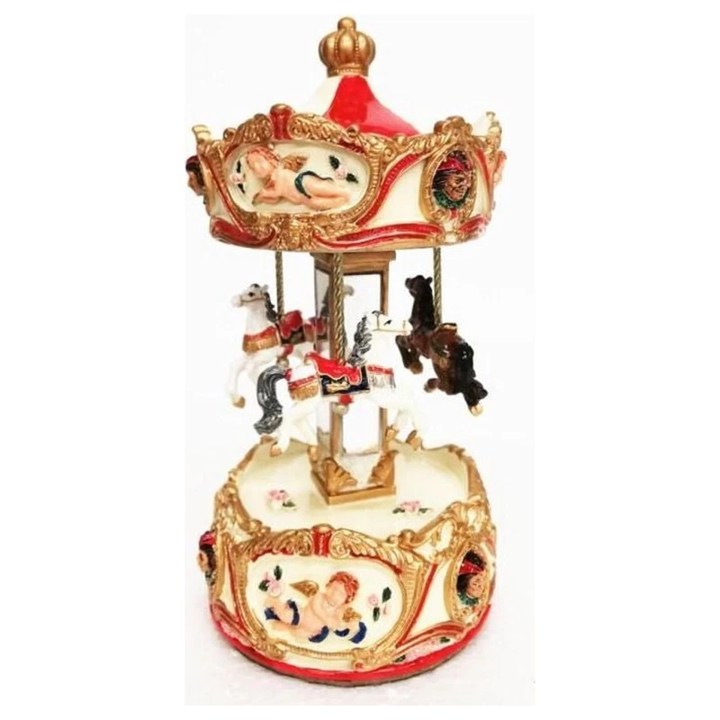 Carillon Carosello con Cavalli Rosso Oro 17 cm Musicale Soprammobile Idea Regalo, fotografia 5 di 9