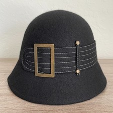 Scala Pronto Hat Womens Black 100 Wool Cloche Bucket Contrast Stitch Buckle OSFM