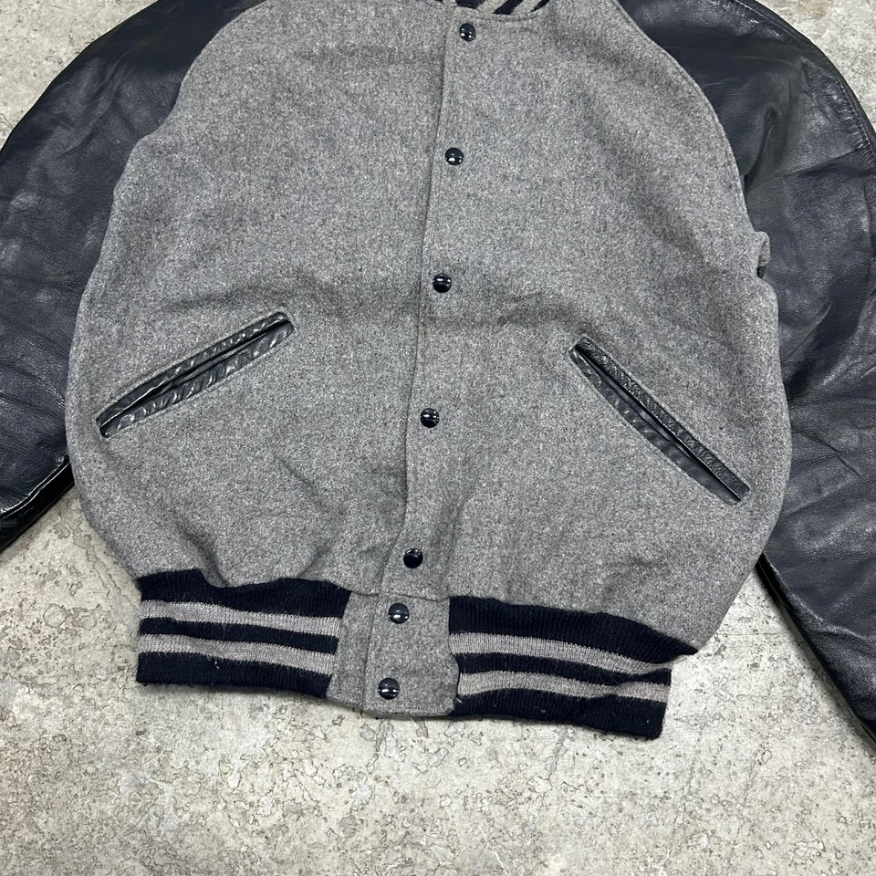 Винтажный DeLong Varsity куртка мужская 44 длиной серый черный шерсти кожи Snap ACS 90-х - Изображение 2 из 4