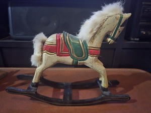 Wooden Rocking Horse Figurine White Red & Green Saddle Faux Fur Mane Tail