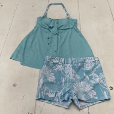 Tankini Swimsuit Set Womens Medium Aqua Halter Ruffle Top Swim Shorts 2 Piece