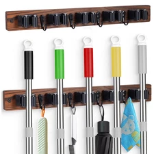 2 PACK Broom Holder Wall Mount With 5 Slots & 4 Hooks，Rustic Wood Broom &