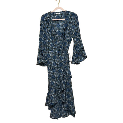 Max Studio Floral Wrap Dress Womens Large Blue Bell Sleeve Ruffle Boho Cottage