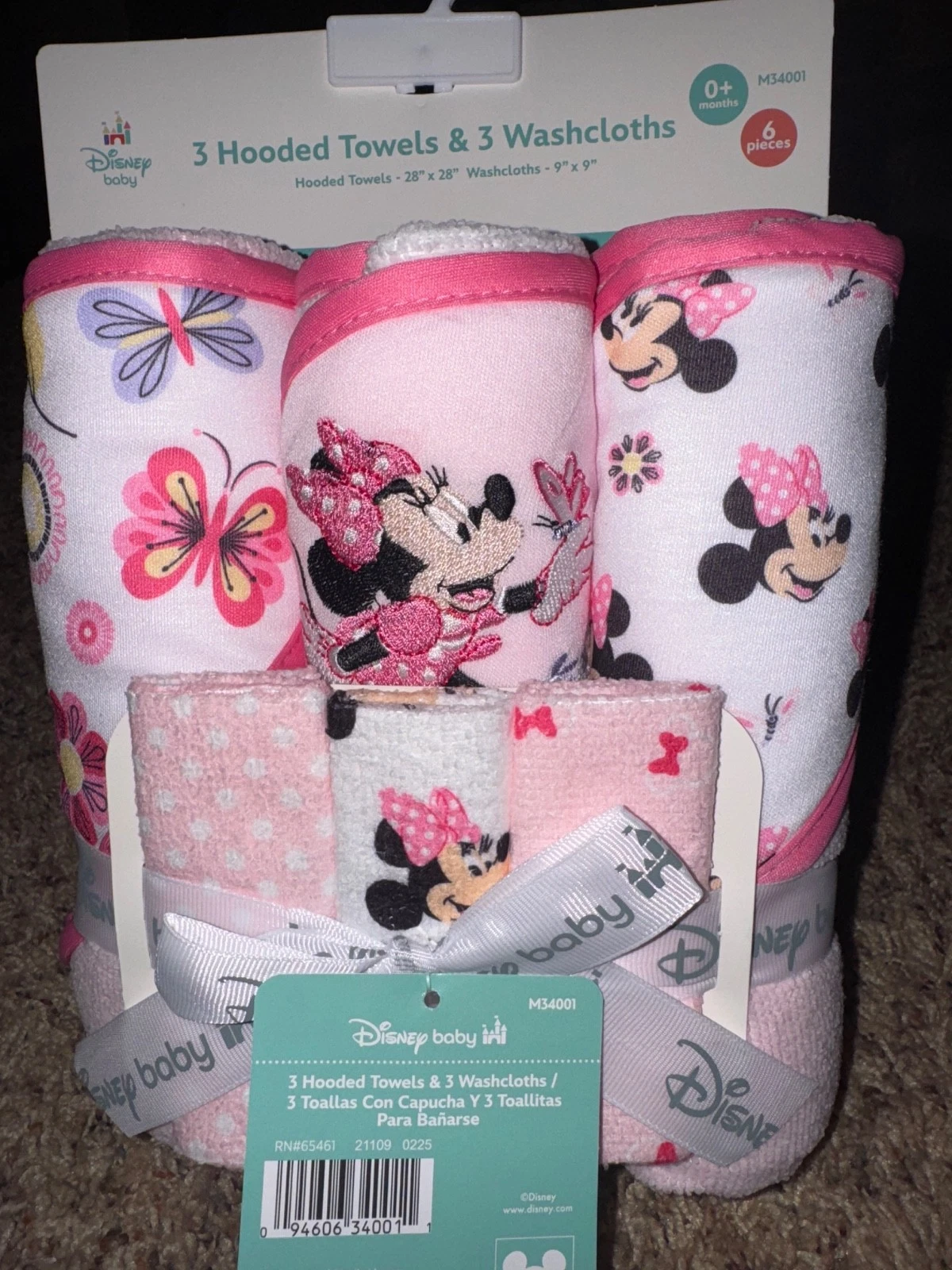 Disney Baby Girl Minnie Mouse Hooded Towel + Washcloth Set of Embroidered