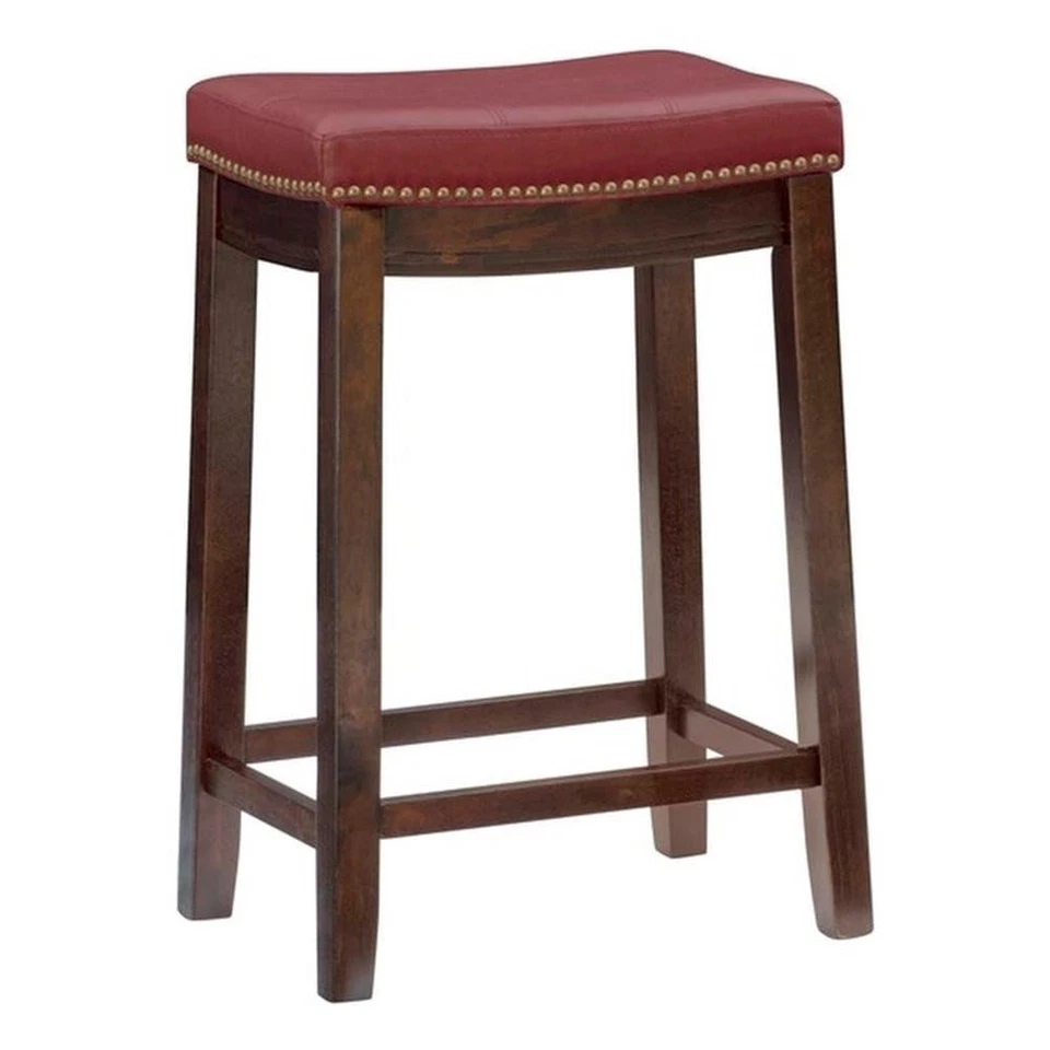 Linon Claridge Backless Counter Stool Red Faux Leather Wood Frame in Dark Brown - Image 2 of 4