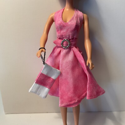 barbie pink halter dress Hand Knitted Halter Dress and Hat for Barbie Doll or similar teenage doll