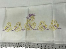 Vintage Hand Embroidered Crib Flat Sheet  Pillowcase Set Yellow Duck Family