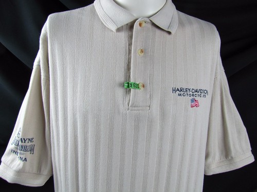 Harley Davidson Polo Shirt L Tan Ribbed Ft Wayne Indiana USA Flag Stratman - Picture 2 of 6