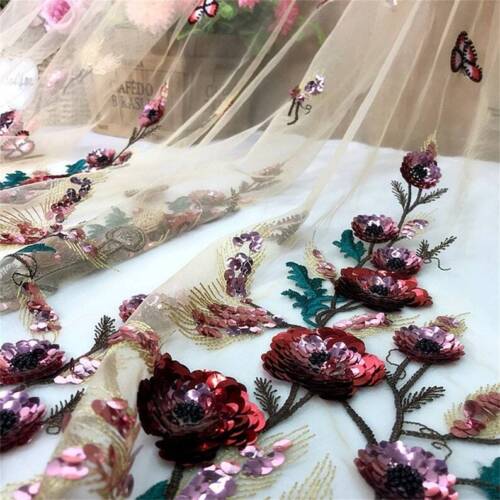 Colorful Bridal Lace 3D Embroidery Flowers Beaded Sequins Fabric By The Yard DIY - Afbeelding 1 van 9