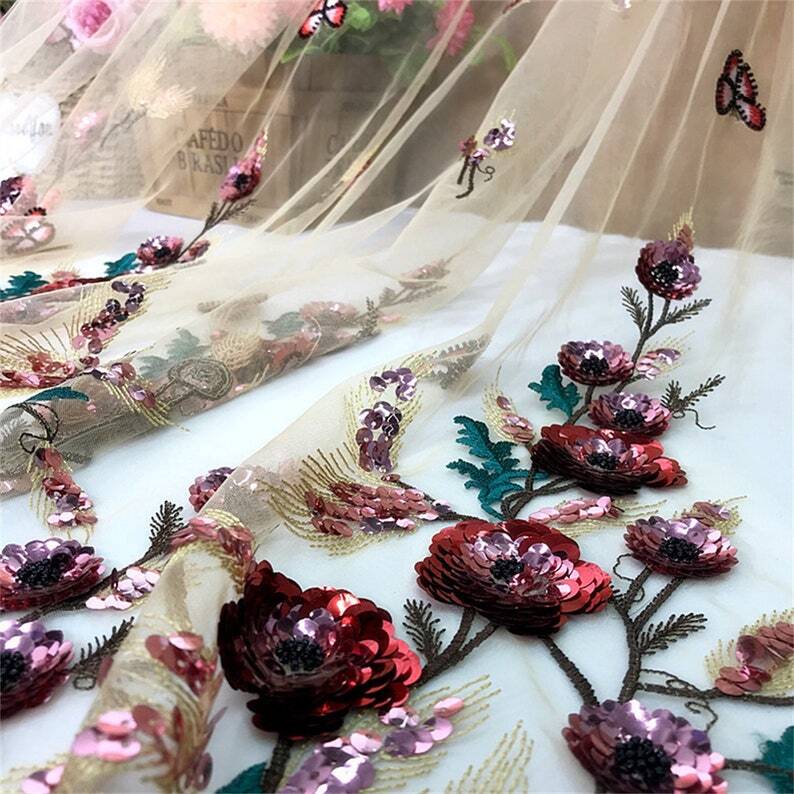 Colorido encaje nupcial bordado 3D flores lentejuelas cuentas tela por yarda hágalo usted mismo