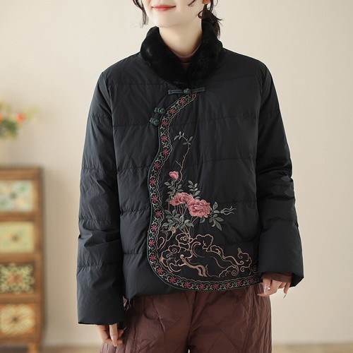 Women Frog Button Padded Coat Retro Faux Fur Collar Embroidery Tang Suit Jacket