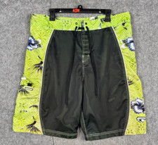 Vintage Oneill Board Shorts Men's 38 Green Black Mesh Floral Hawaiian Y2K RARE