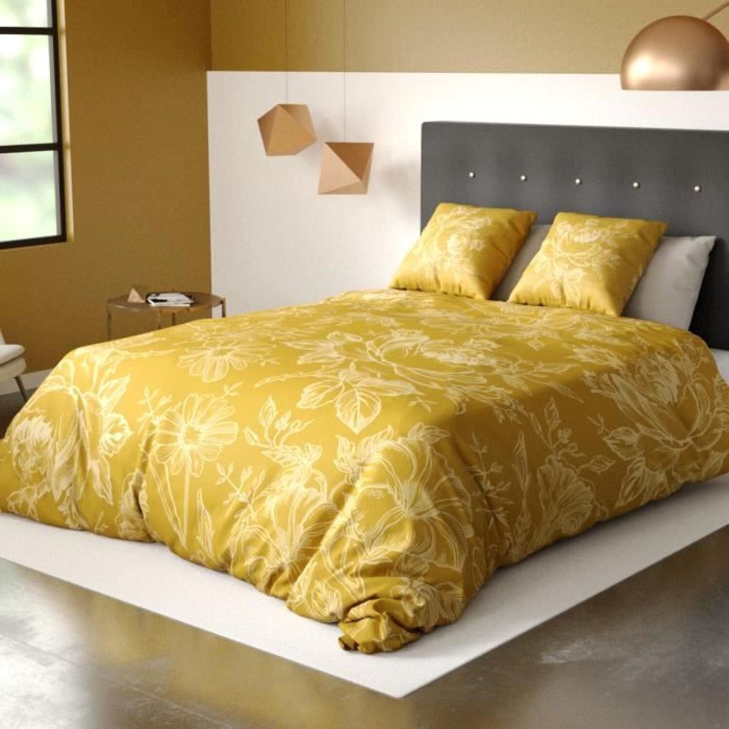Parure de lit 220x240 coton bio ocre Victoria anti-transpiration pour lit 2 places