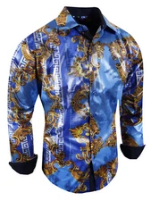Mens Designer Shirt Luxury Gold Leaf Italian Floral Stripes Sheen Stretch Button