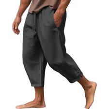 Men's Summer Cotton Linen Drawstring 3/4 Length Pants Casual Baggy Capri Shorts