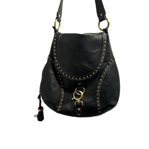 B Makowsky Black Leather Studded Shoulder Bag Purse Gold Accents Saddlebag - Picture 1 of 16