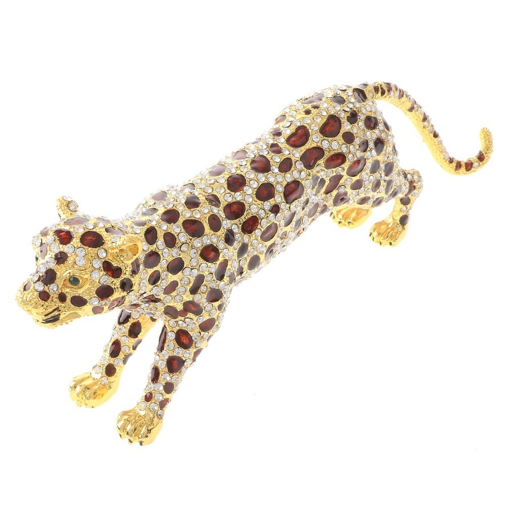 Gold Tone Metal Leopard Jewelry Box With Clear Rhinestone