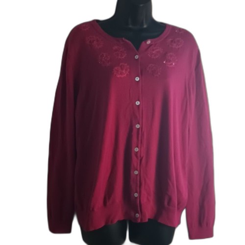 Lands' End Cardigan Size XL Barbiecore Pink Paisley Embroidered Sequins Sweater - Picture 2 of 12