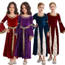 Girls Renaissance Maiden Costume Medieval Princess Velvet Gown Robe Dresses