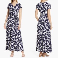 NEW ELIZA J Navy & White FLORAL V-Neck STRETCHY KNIT Faux WRAP Maxi DRESS 2