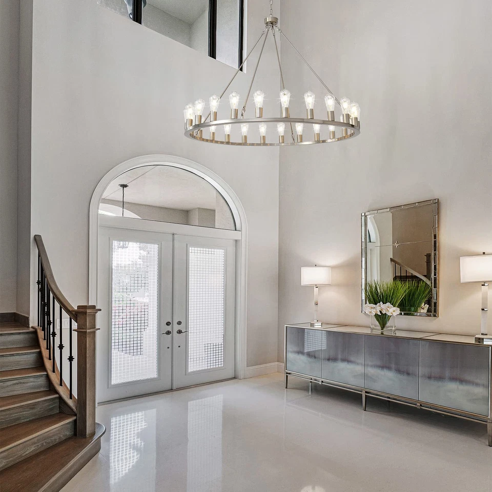 Lámpara de araña de rueda de vagón 24 luces 48 pulgadas extra grande de níquel para exteriores... Foto 4 de 4