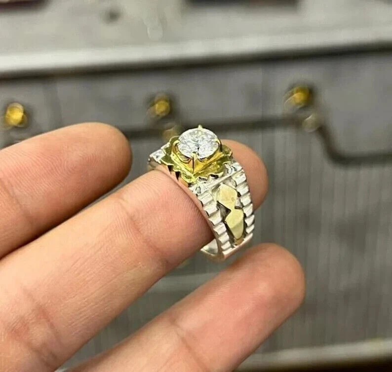 Anel masculino solitário de diamante cultivado em laboratório redondo 2 quilates para noivado ouro 14k dois tons - Imagem 3 de 4