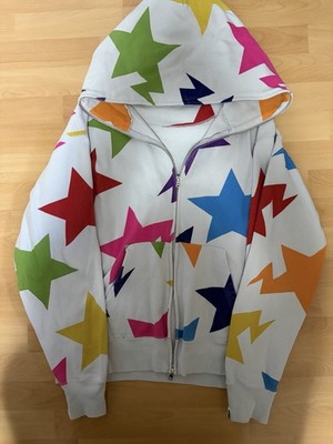 A Bathing Ape BAPE Herren Zip-Hoodie L Baumwolle weiß mehrfarbig Sterne