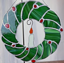 Stained Glass Christmas Holly Berry Candle Wreath Window Suncatcher 10.5  