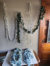 5 Christmas Tinsel Garlands Blue Silver 18ft, 15'9", 15'6", 7'10" Green/gold 11'