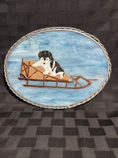 Stained Glass Hand Decorated Oval Shaped Sun Catcher With Dog Sled And Puppy