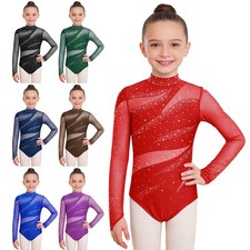 Kids Girls Leotard Mesh Bodysuit Glittery Dancewear Performance Figure Skating