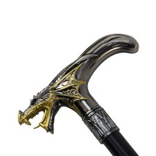 Golden Winged Dragon T Handle Metal Cane 2pc Steel Shaft Travel Walking Stick