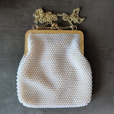 Vintage MCM White Beaded Evening Purse W Gold Chain. HONG KONG