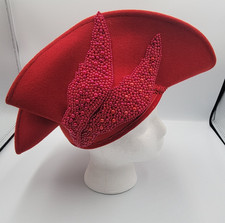 Vintage Mr Hi  s Classic Red Wide Brim Beaded Church Derby Hat w/ Original Tag