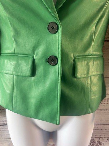 River Island Size 12 Green Faux Leather Blazer Fitted Jacket Bold Statement - Picture 4 of 20