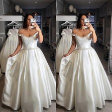 Fantasy Wedding Dress Beading Off Shoulder Satin A Line Sweep Train Bridal Gowns