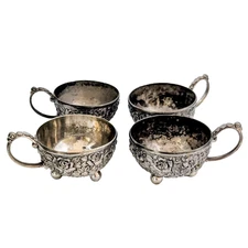 Antique Repousse Silverplate Floral Demitasse Cups Mark DS Set Of 4