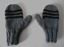 HAND KNIT CHILDREN'S MITTENS GRAY GREY W/ BLACK STRIPES 6-8